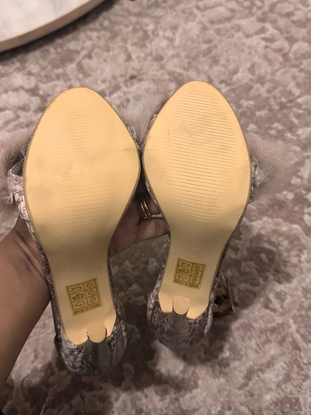 So Me Faux-Fur Snake-Print Ankle-Strap Heels in Light Gray